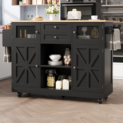 Isla de cocina 140x70x93.5 cm negra en MDF con alas abatibles, ruedas y almacenamiento (1/5)