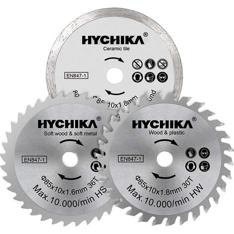 Lame Scie Circulaire, 3pcs Lames de Scie Circulaire 85x10, Diamètre: 85 mm, Mandrin: 10 mm, HC/HS/Diamond 4500 tr/min (1/5)