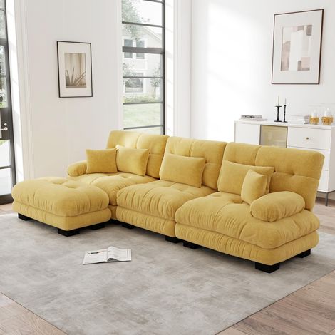 Canapé d'angle modulaire de luxe - Canapé nuage extra large en forme de L, idéal pour le salon, utilisable pour un couchage profond, livré avec repose-pieds, tissu chenille, jaune (1/5)