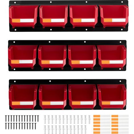 Range mural 12 bacs plastique + 3 rails métalliques, organiseur suspendu pour vis, écrous, boulons, clous, atelier, garage, rouge (1/5)