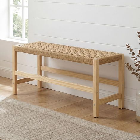 Wahson Banco para Pie de Cama de Madera con Asiento de Cuerda Trenzada, Banco Recibidor Vintage para Dormitorio, Cocina o Entrada, 32 x 90 x 42 cm, Madera Natural (1/5)