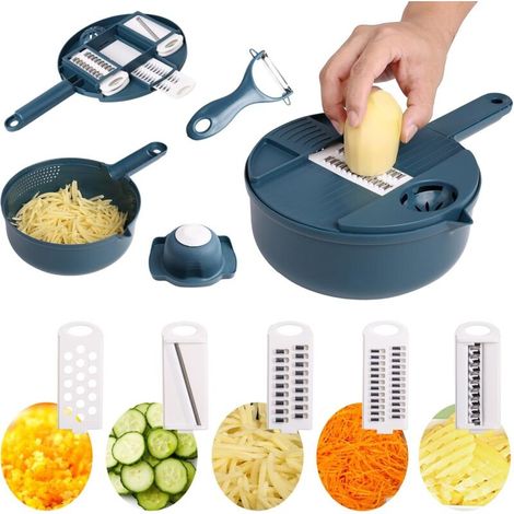 Affettatrice per verdure, affettatrice per verdure 12 in 1 con contenitore, affetta cetrioli, affetta cipolle, grattugia per verdure con 6 lame - Crezuo