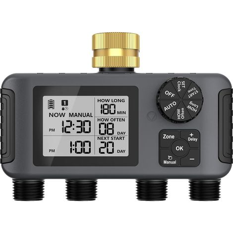 Ordinateur d'irrigation 4 sorties, minuterie d'arrosage de jardin avec retard de pluie/mode automatique et manuel, IPX5 étanche/grand écran LCD, contrôle de l'arrosage (1/5)
