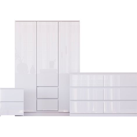 Glinton 3 Piece Bedroom Set (2 Drw Bedside, 6 Drw Chest, 3 Door 2 Drw Wardrobe), White (100% FSC) (1/4)