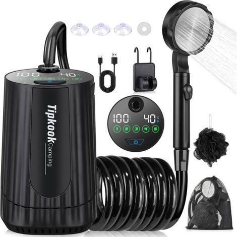 Douche Portable. [10000mAh] Douche de Camping.Électrique Rechargeable.Imperméable. avec Afficheur Intelligent et Pomme de Douche 5 Modes pour Extérieure.Camping.Randonnée (1/5)