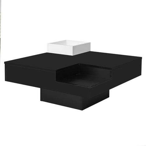 Mesa de Centro con Caja de Almacenaje Extraíble y LED Multicolor, Blanco Brillo y Negro, 72×72×30 cm (1/5)