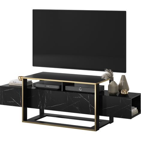 Selsey – Meuble TV avec décor marbré et cadre doré – Dimensions 160x49,8 cm – Panneau mélaminé résistant – Style glamour et Art Déco (1/7)