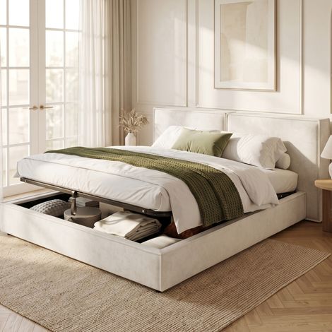 Lit coffre 160x200 cm en tissu chenille beige, gain de place pour chambre, sans matelas FloraGrace (1/5)