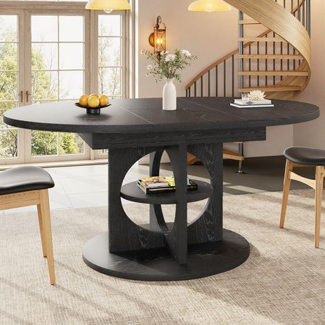Table de salle à manger extensible rond à ovale 110–150x110x76 cm avec rangement, aspect noir, charge 60 kg (1/5)