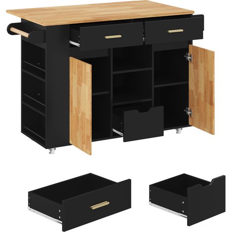 Isla de cocina móvil con encimera abatible, 3 cajones y ruedas bloqueables, 120 x 71 x 90 cm, MDF (1/5)
