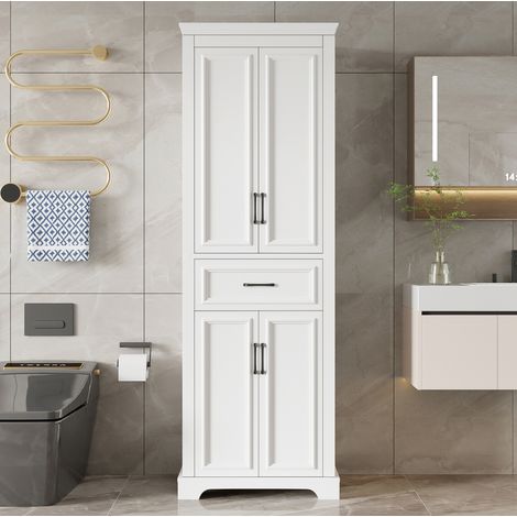 Armoire haute de salle de bain 60x40x180 cm blanche en MDF avec étagères réglables et tiroir (1/5)