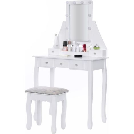 Coiffeuse en bois - avec tiroir - miroir - LED - tabouret - 147x80x40cm (1/5)