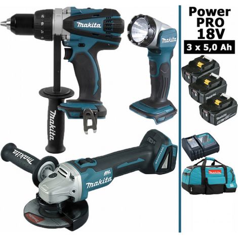 Pack Makita Power PRO 18V: Perceuse 91Nm DDF458 + Meuleuse 125mm DGA504 + Lampe Torche LED 180lm + 3 batt 5Ah + sac MAKITA (1/5)