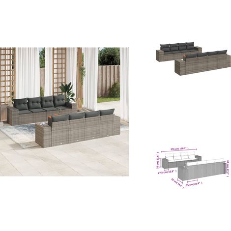 9-tlg. Garten-Sofagarnitur mit Kissen Grau Poly Rattan - Gartenmöbel Set - PE-Rattan Möbel - Outdoor Lounge - Esstisch - Gartenstuhl (1/3)