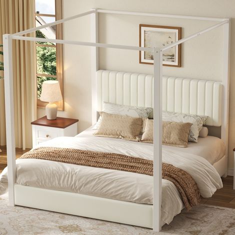 Cama con dosel tapizada 206x181x198 cm, cabecero acolchado, estructura de metal y MDF, terciopelo beige y blanco (1/5)