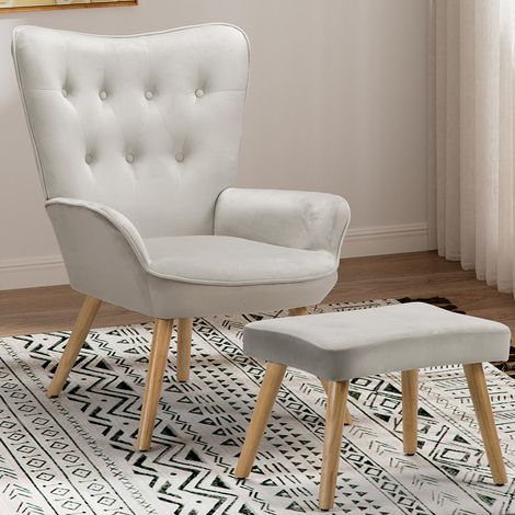 Poltrona Stile Scandinavo con Schienale Alto e Poggiapiedi In Velluto e Gambe in Legno Grigio (1/4)