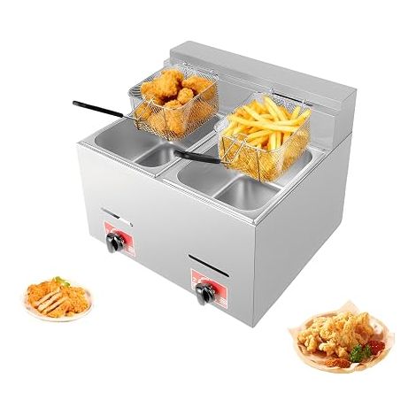Double friteuse à gaz avec 2 paniers à frire, en acier inoxydable, capacité de 2 x 6 l, allumage électronique, maximum 200 °C, chauffage rapide pour la maison et l'utilisation commerciale (1/5)