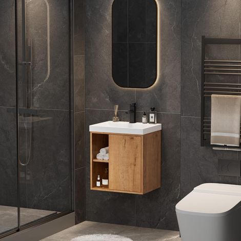 UEV Meuble Lave-Mains Suspendu avec Lavabo en Résine - Meuble de Salle de Bain Mural Gain de Place - Design Moderne à Lignes Verticales et Poignées Métalliques - Rangement Caché, 50x38x55cm, Naturel