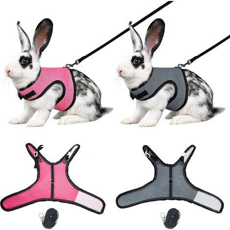 2 Pièces Harnais pour Lapin Nain, Harnais Lapin Réglable avec 1.3m Laisse, pour Lapins, Chats, Petits Chiens et Autres Petits Animaux Domestiques (Noir/Gris + Rose, Taille L) (1/5)