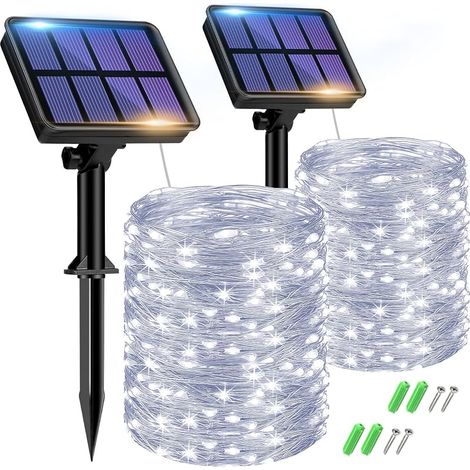 2 Stück Solar Lichterkette Aussen, 15M 150 LED Solarlichterkette Außen Wetterfest 8 Modi IP65 Wasserdicht Kupferdraht Lichterkette Außen Solar Outdoor für Garten Baum Hof Party (Kaltweiß) (1/5)