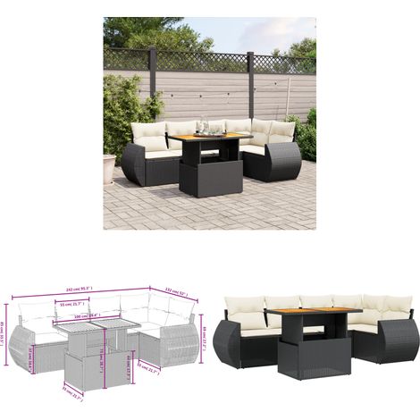 Salon de jardin 6 pcs avec coussins noir résine tressée - Ensemble Salon De Jardin - Meuble Extérieur - Résine Tressée - Rotin Synthétique - Table Extensible - Home & Living (1/3)