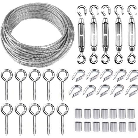 30 m Edelstahl-Aufhängeseil-Set. Metallseil-Set. 2 mm beschichtetes Edelstahlseil. Mit M5-Seilspanner und Ösenhaken. Für Kletterpflanzen, Geländer und Wäscheleinen. (1/5)
