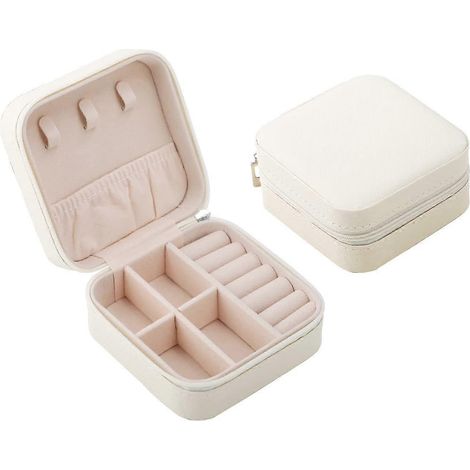 Mini boîte à bijoux de voyage portable blanche, organisateur de bagues en cuir (blanc) (1/5)
