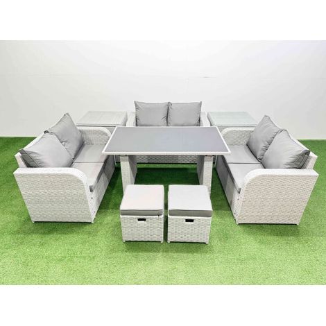 Fimous 8 Seater Patio Garden Furniture Sets with Black Glass Top Dining Table Love Sofa 2 Side Tables 2 Small Stool Light Grey (1/4)