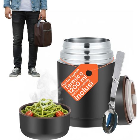 Porte-déjeuner thermique 1200 ml en acier inoxydable avec sac isotherme et cuillère pliable, boîte à lunch hermétique pour aliments chauds et froids, facile à nettoyer et idéal pour le bureau (1/5)
