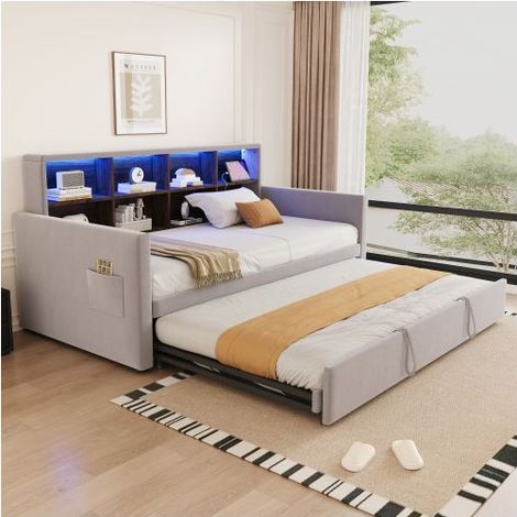 Lit gigogne avec rangement 90x190cm - Éclairage LED et rangements intégrés - Lit Gigogne - ports USB, Velours, Poches - gris (1/5)