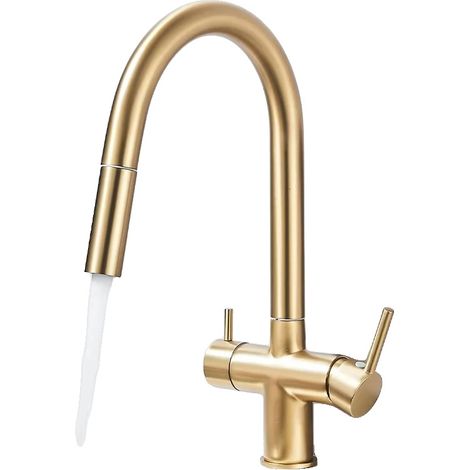 Robinet de cuisine à eau purifiée, à deux poignées, monté sur plan de travail, vanne en céramique, Or brossé (1/2)