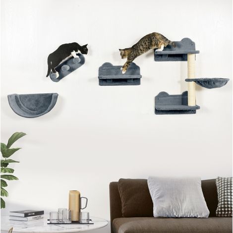 Albero tiragraffi da parete 4 pezzi, grigio, con scala, amaca e piattaforme, fino a 5 kg OKMYHOME (1/5)