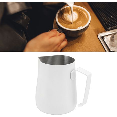 Tasse à latte art à bec pointu EP 450 ml en acier inoxydable, blanche, avec mousseur à lait. (1/5)