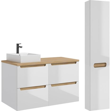 Ensemble meuble simple vasque 120cm 4 tiroirs et colonne Livia Blanc et Bois (1/5)