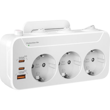 Multiprise Murale avec Interrupteur Individuel, Prise Multiple USB C PD20W Multiprise 3 Prises Parafoudre et Surtension,PD20W Charge Rapide,Triplette Electrique Rotation Horizontale et Verticale,Blan (1/5)
