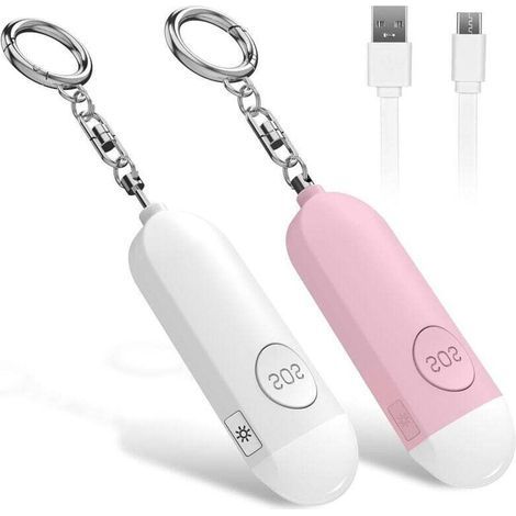2pcs Rechargeable Pocket Alarm (Pink+White), Basic Personal Defense, Comes with 130DB Anti-Attack Siren and LED Light, Suitable for Women, Children and Elderly (1/4)