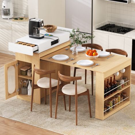 Table extensible de cocina en MDF y vidrio natural/blanco 83x46-146,5x96 cm con almacenaje y enchufes (1/5)