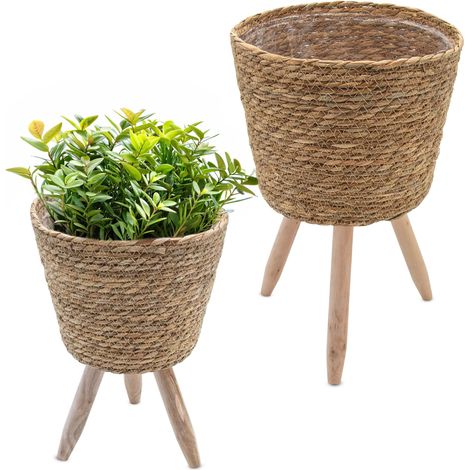 Blumenständer aus Stroh innen mit Folie 2er Set - Ø 26 und 23 cm - Rattan Pflanzenständer mit 3 Holz Beinen - Deko Blumentopf Pflanztopf mit Füßen für Zimmerpflanzen