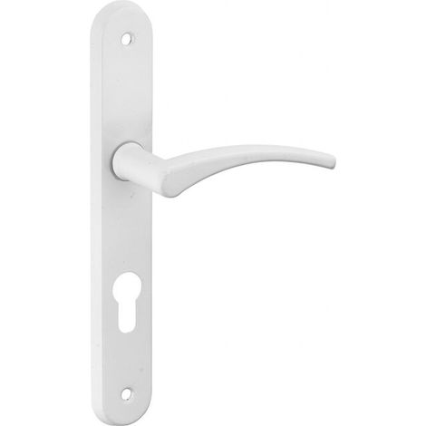 Poignée de porte d'entrée à cylindre – Acier embouti laqué blanc – Entr'axe 195mm, carré 7mm – Installation facile avec vis sécables (1/2)