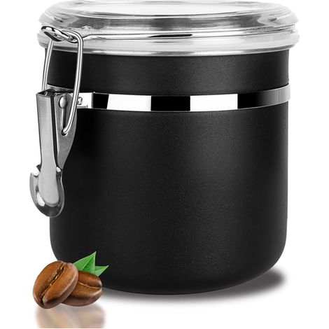 Boîte à Café Hermétique, Conservation en Acier Inoxydable pour Grains de Café avec Couvercle Transparent Bocal Récipient Rangement Cuisine Alimentaires Stockage Thé (1PC - 1.2L - Noir) (1/5)