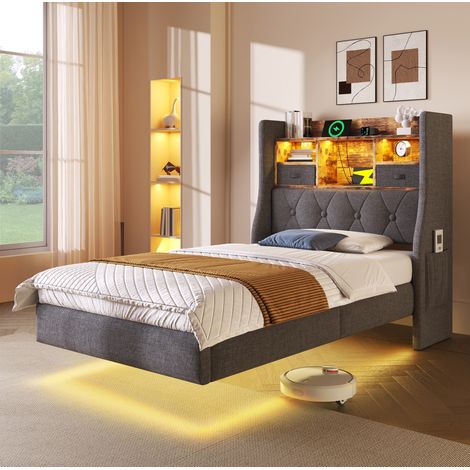 lit 90x200 avec LED et recharge USB, lin gris HAVRYA (1/5)