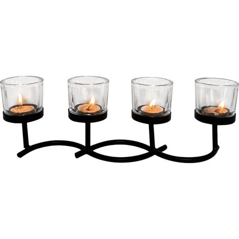Portacandele a 4 bicchieri, misura 36x7,5x12 cm, struttura in metallo nero con bicchieri in vetro spesso per candele e tealight (1/4)