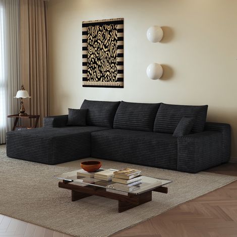 Sofá esquinero modular de 270 cm en terciopelo acanalado negro, chaise longue en L, sin montaje (1/5)