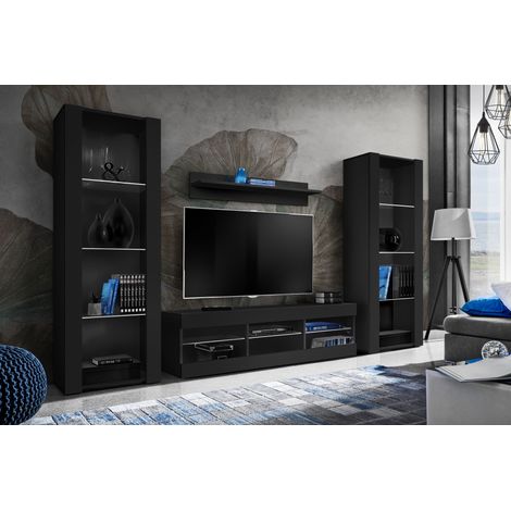 Komodee Ensemble de Meubles Tivoli Grande, Noir/Noir, Largeur 250cm x Hauteur 159cm x Profondeur 35cm, sans LED, 3 étagères, pour Salon, Chambre, Entrée (1/5)