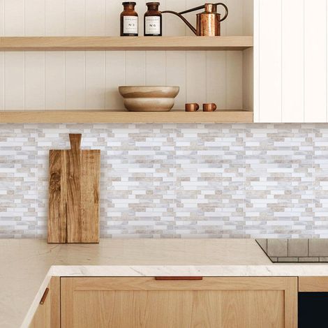 Jiubiaz Stickers carrelage mosaïque blanc/marron 10 pcs PET étanches cuisine salle de bain