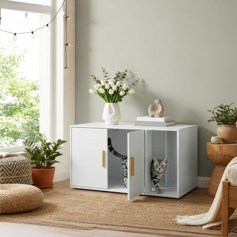 Maison pour Chat à Double Porte, Armoire Cache-Litière, Table d’Appoint, Entrée Frontale, 80 x 50 x 45 cm, Blanc