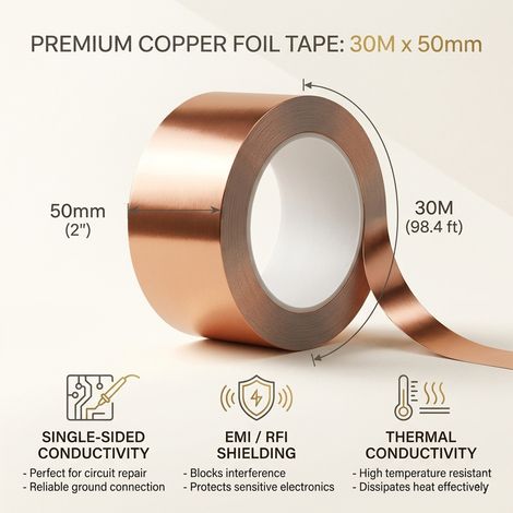 Selbstklebendes Kupferband 30 m x 50 mm, wasserdicht, für Abschirmung und DIY-Reparaturen (1/5)