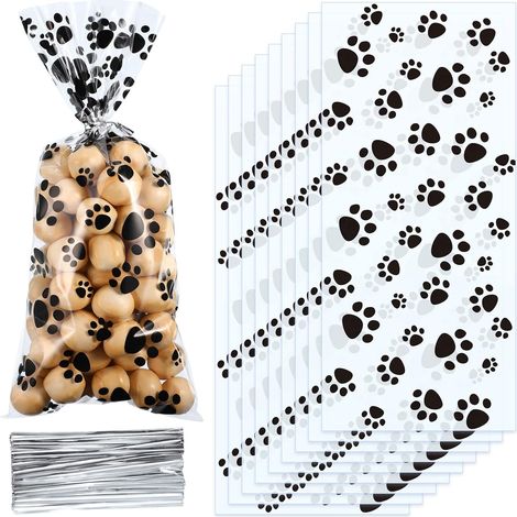 100 bolsas de celofán con diseño de huellas de animales, cierre giratorio, para envolver regalos o para fiestas de cumpleaños. (1/5)