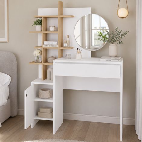 Postazione Make Up con Specchio Rotondo Bianco e Mensole Quercia 105x35x151 cm