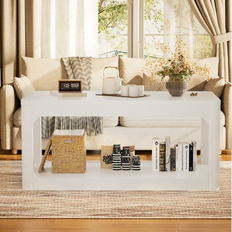 Mesa de centro de MDF blanca 100 x 50 x 44,5 cm con doble balda (1/5)